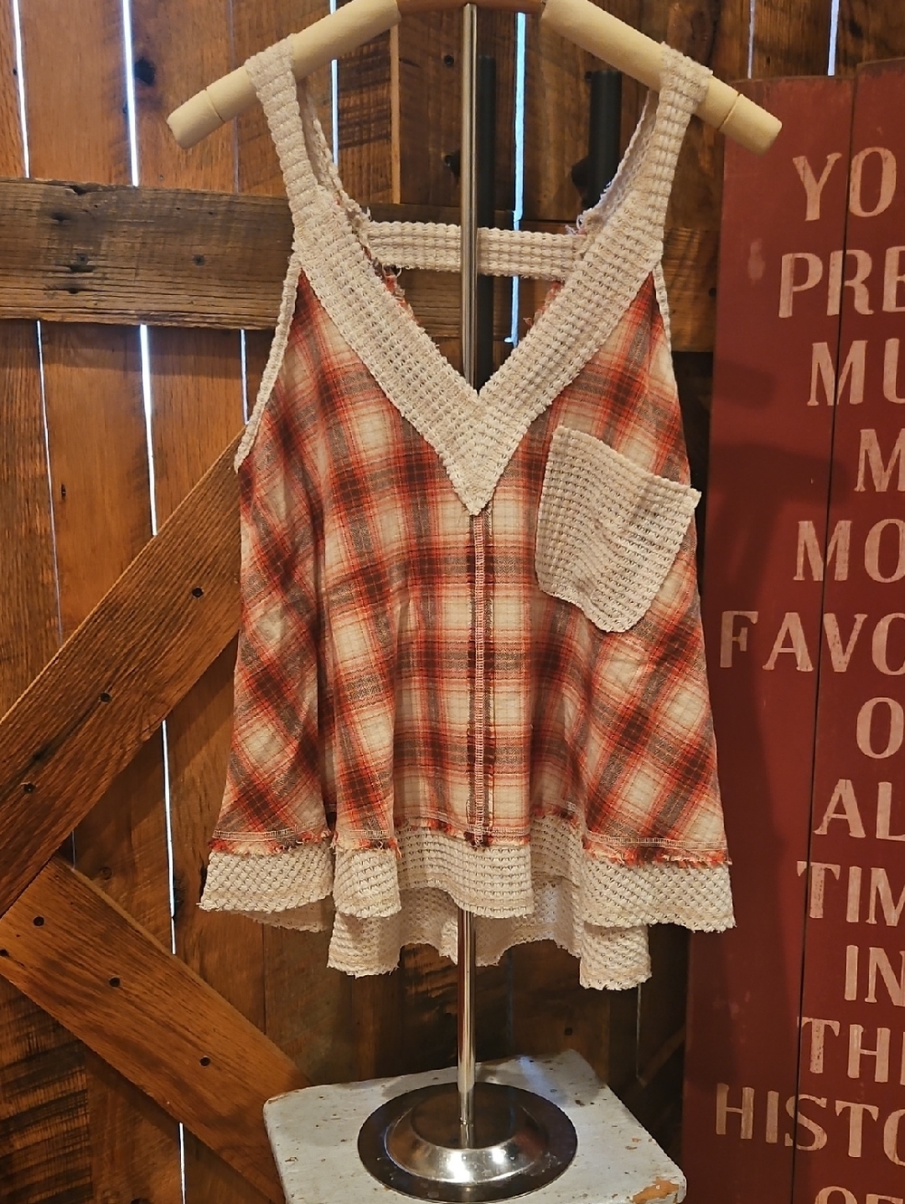391 POL Red Plaid V-Neck Crochet-Trim Tank